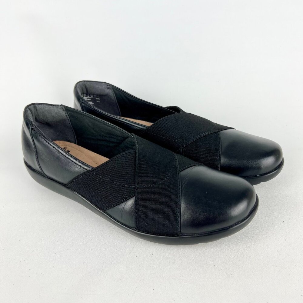 Clarks Womens Medora Jem Cross Strap Flat Loafers Black Leather Comfort size 7